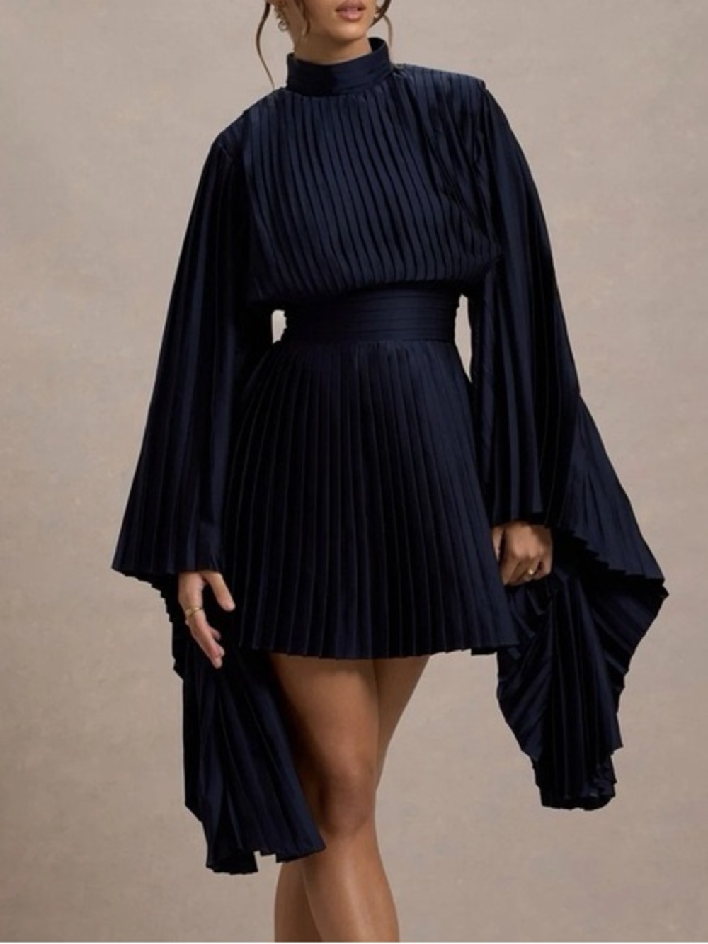 Pleated High-Neck Mini Dress in Dark Blue